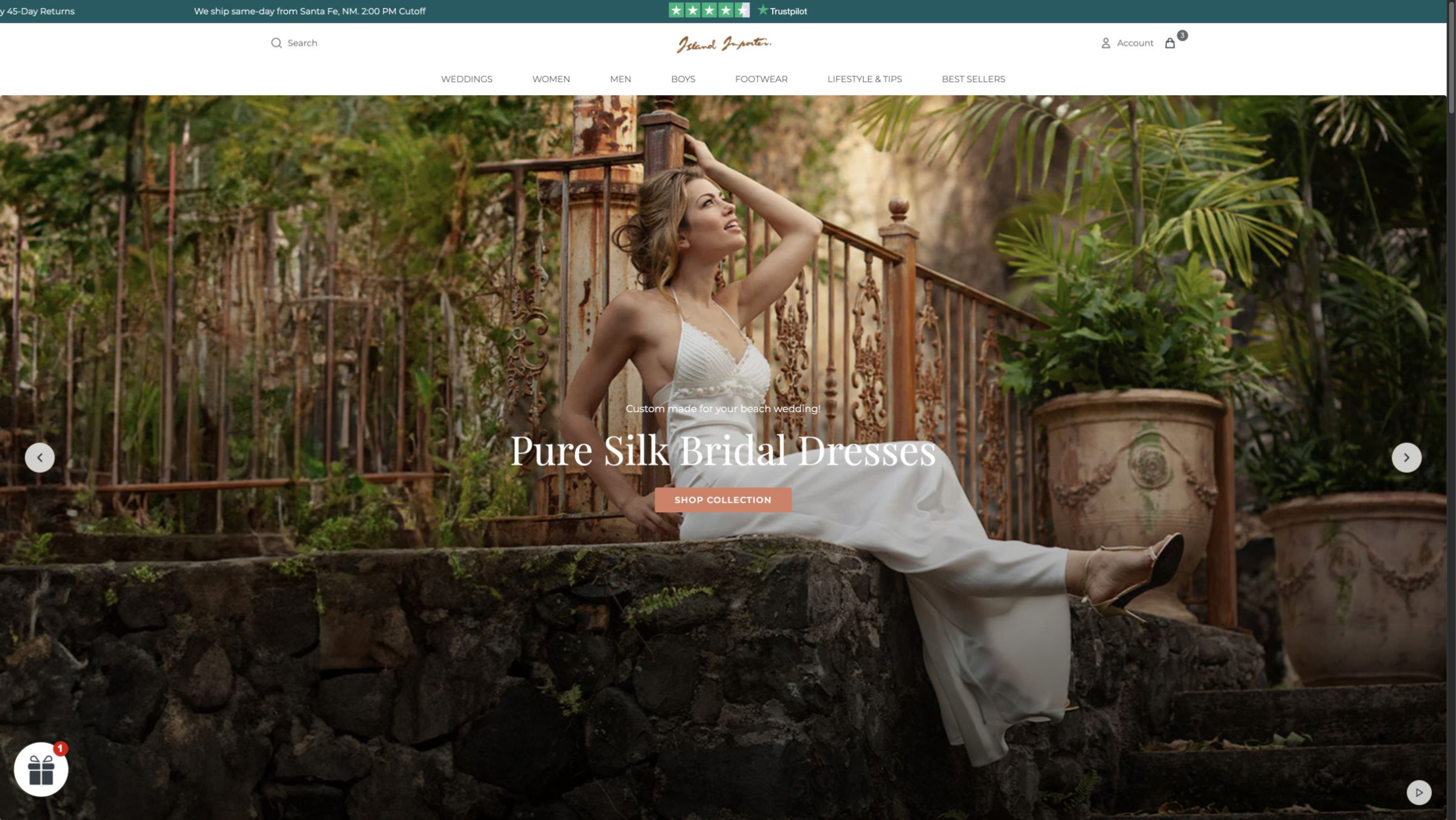 Island Importer Pure Silk Bridal Dresses campaign on the live storefront